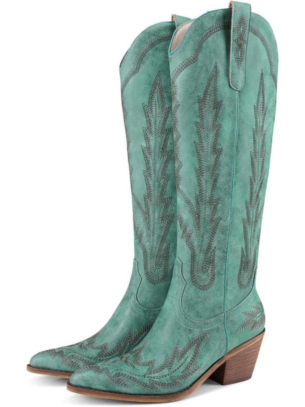 Women's Teal Embroidered Pull On Casual Mid Heel Round Toe Cowgirl Boots - Picture 1 of 7